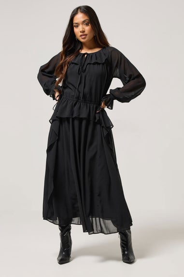 PixieGirl Petite Black Chiffon Frill Tie Waist Maxi Dress