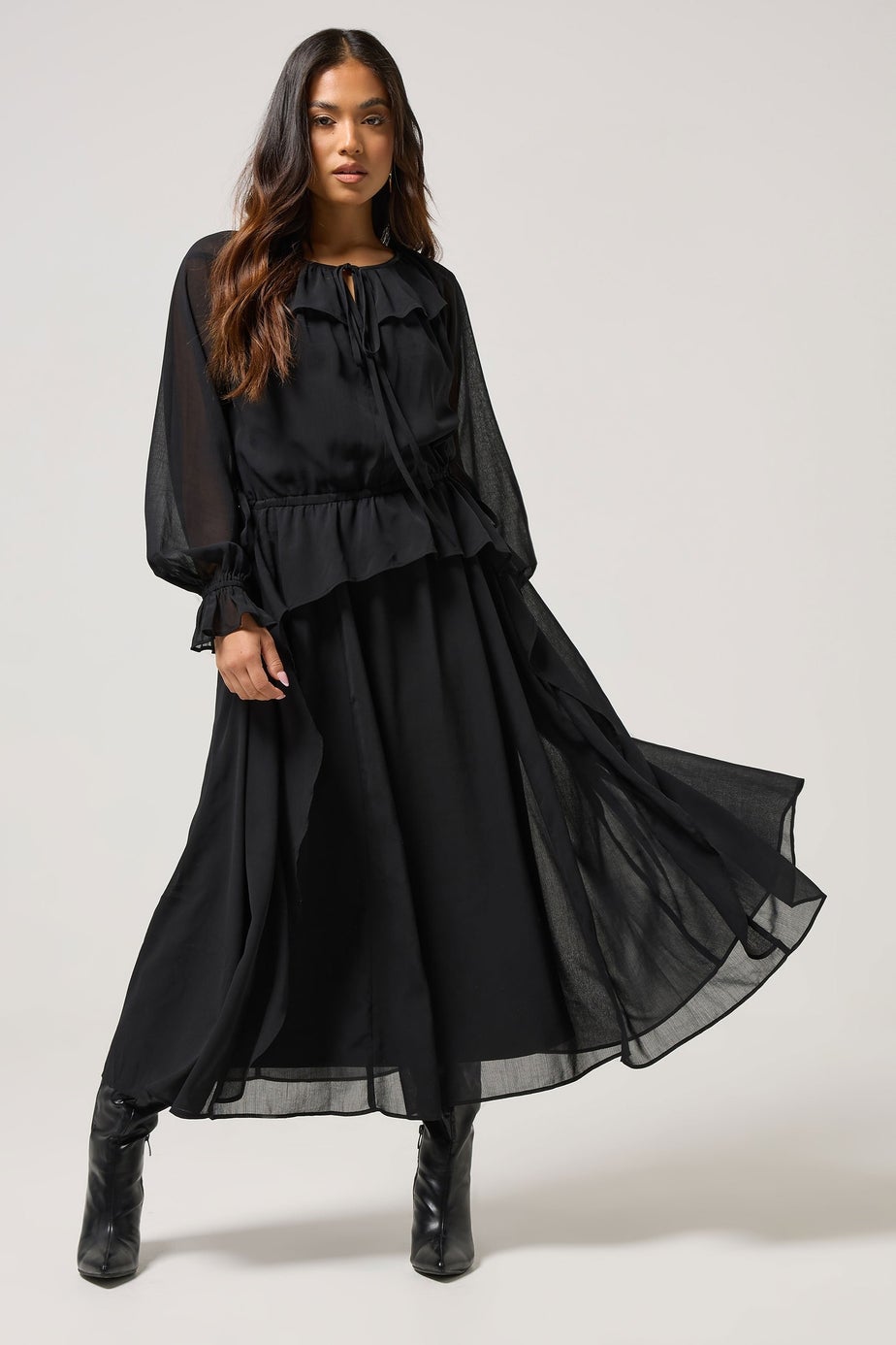 PixieGirl Petite Black Chiffon Frill Tie Waist Maxi Dress