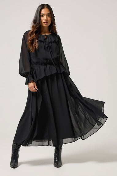 PixieGirl Petite Black Chiffon Frill Tie Waist Maxi Dress