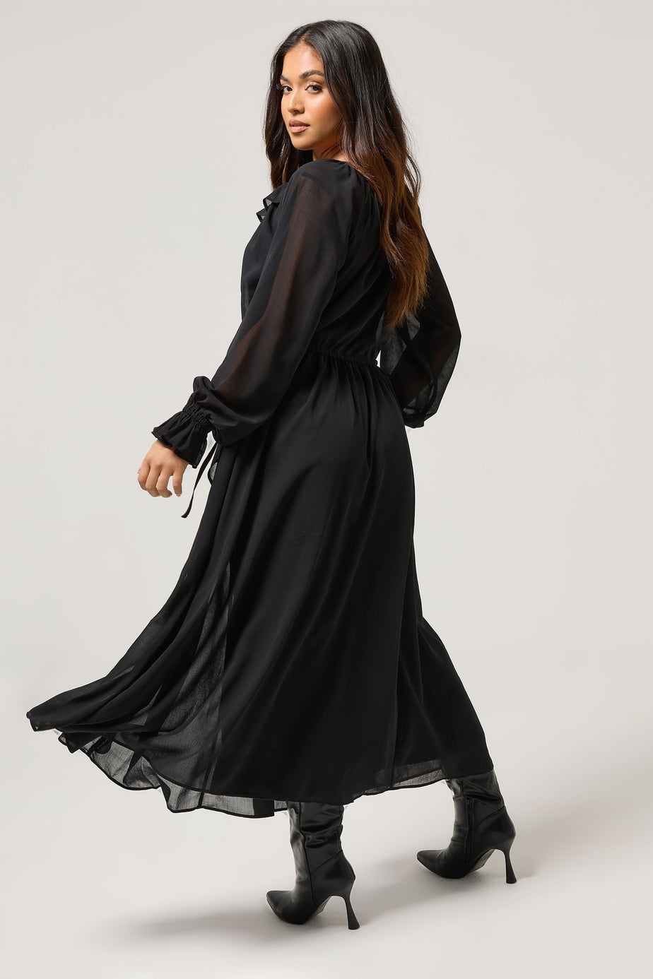PixieGirl Petite Black Chiffon Frill Tie Waist Maxi Dress