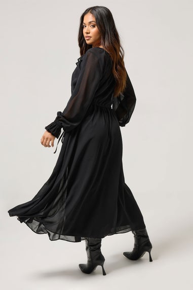 PixieGirl Petite Black Chiffon Frill Tie Waist Maxi Dress