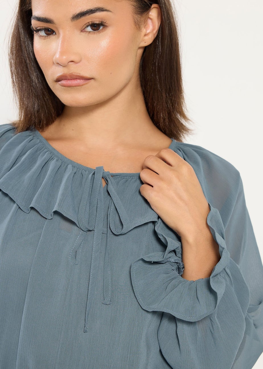 PixieGirl Petite Blue Chiffon Frill Tie Waist Maxi Dress