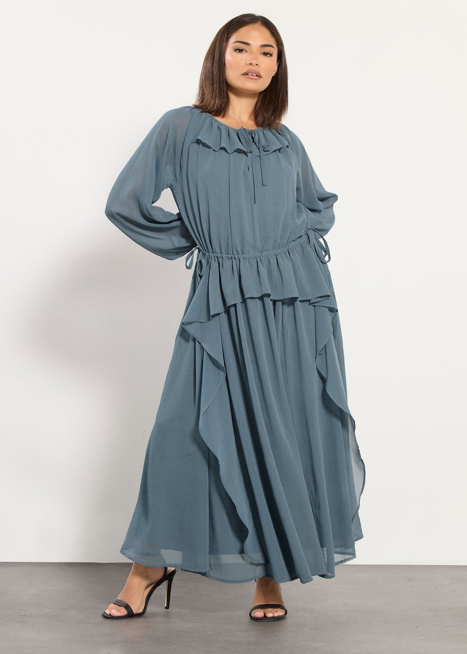 PixieGirl Petite Blue Chiffon Frill Tie Waist Maxi Dress