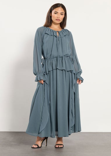 PixieGirl Petite Blue Chiffon Frill Tie Waist Maxi Dress