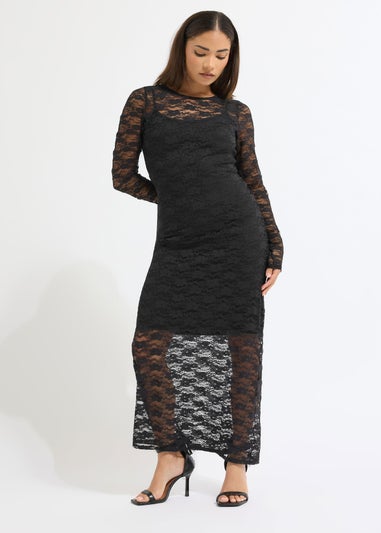 PixieGirl Petite Black Lace Maxi Dress