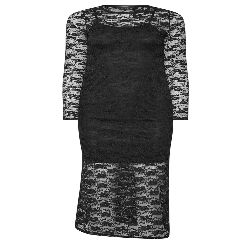 PixieGirl Petite Black Lace Maxi Dress