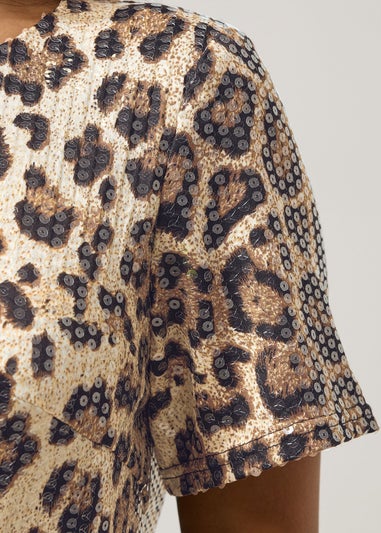 PixieGirl Petite Brown Animal Sequin T-Shirt Mini Dress