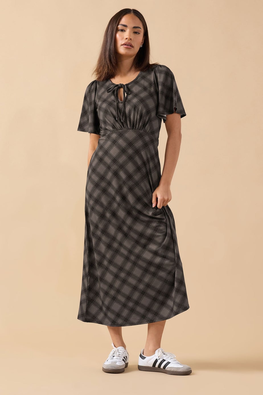 PixieGirl Petite Brown Check Tie Front Midi Dress