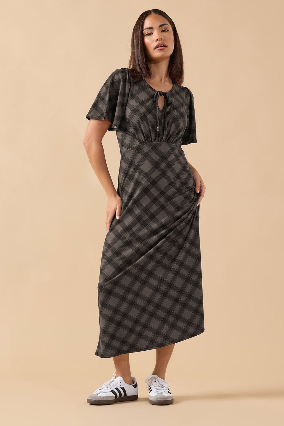 PixieGirl Petite Brown Check Tie Front Midi Dress