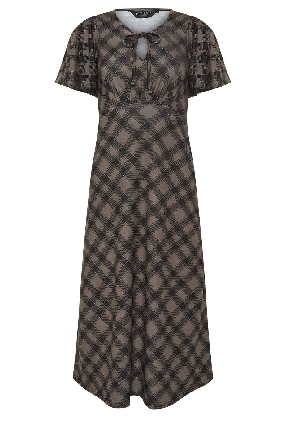 PixieGirl Petite Brown Check Tie Front Midi Dress