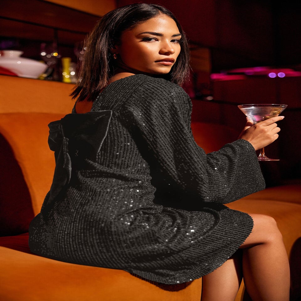 PixieGirl Petite Black Sequin Velvet Bow Midi Dress