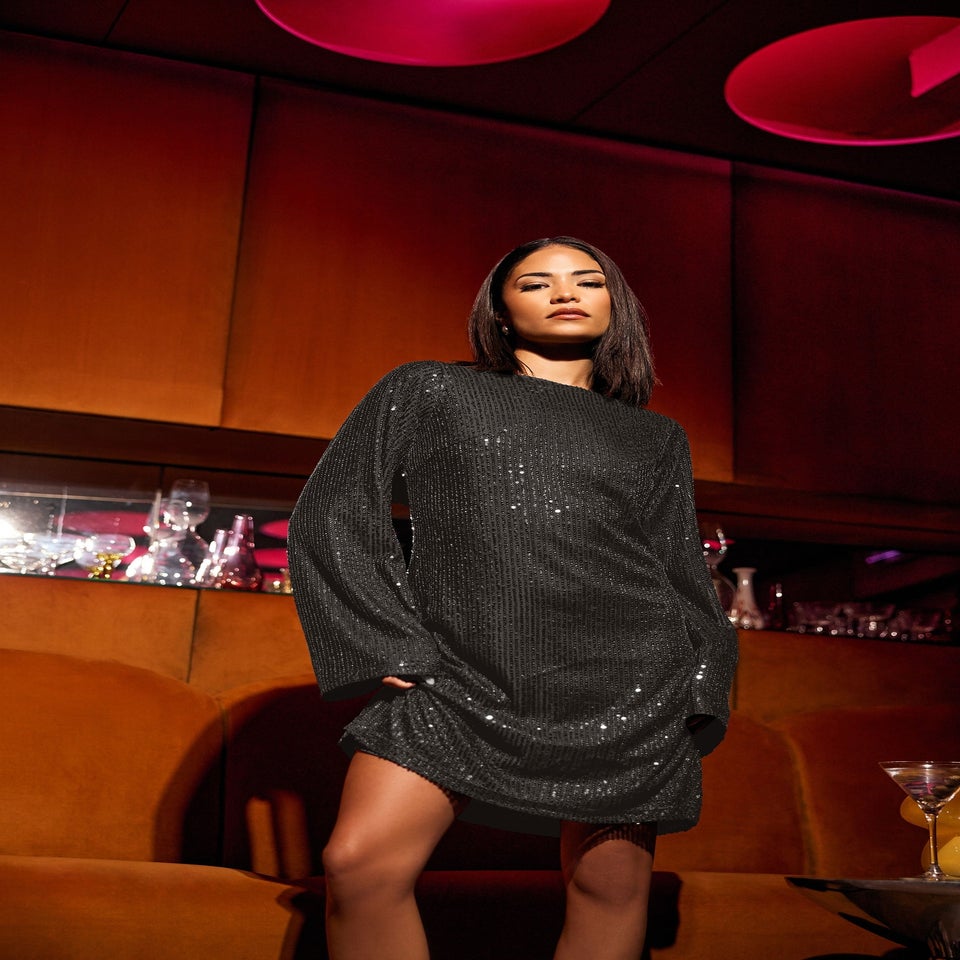 PixieGirl Petite Black Sequin Velvet Bow Midi Dress