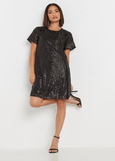 PixieGirl Petite Black Sequin T-Shirt Dress