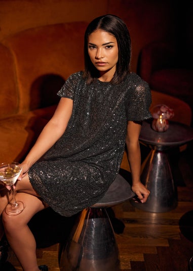 PixieGirl Petite Black Sequin T-Shirt Dress