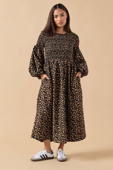 PixieGirl Petite Brown Animal Shirred Puff Sleeve Maxi Dress