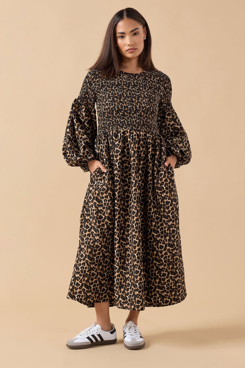 PixieGirl Petite Brown Animal Shirred Puff Sleeve Maxi Dress