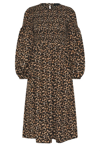PixieGirl Petite Brown Animal Shirred Puff Sleeve Maxi Dress