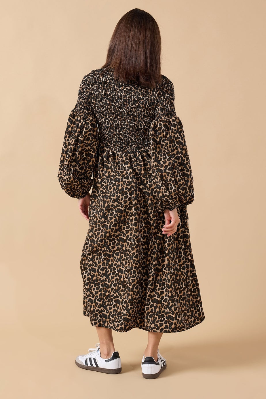 PixieGirl Petite Brown Animal Shirred Puff Sleeve Maxi Dress