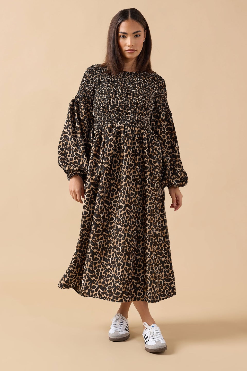 PixieGirl Petite Brown Animal Shirred Puff Sleeve Maxi Dress