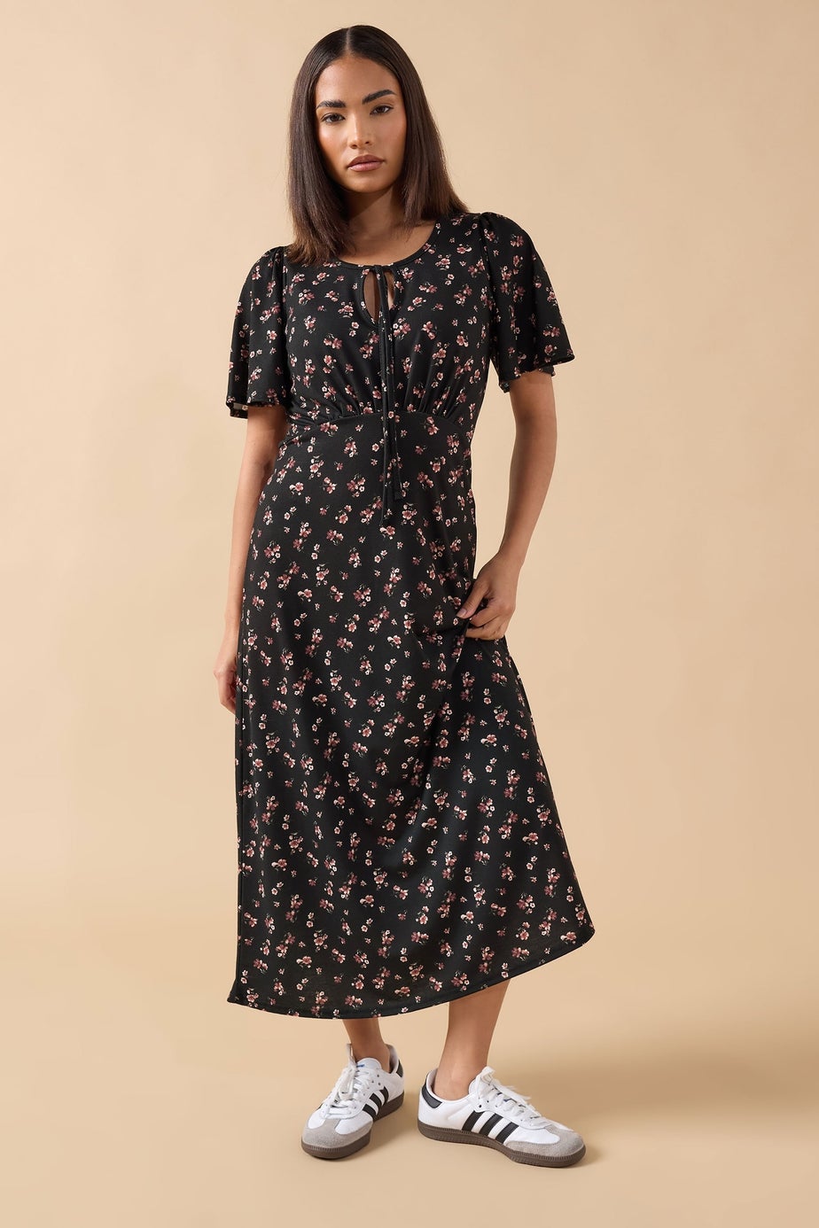 PixieGirl Petite Black Ditsy Floral Tie Front Midi Dress
