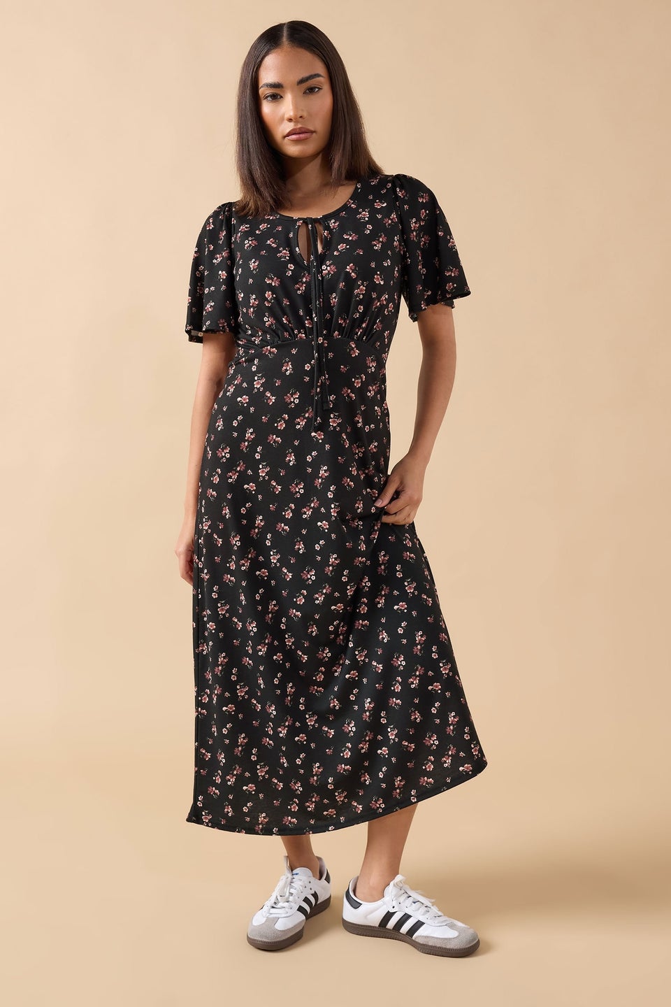 PixieGirl Petite Black Ditsy Floral Tie Front Midi Dress