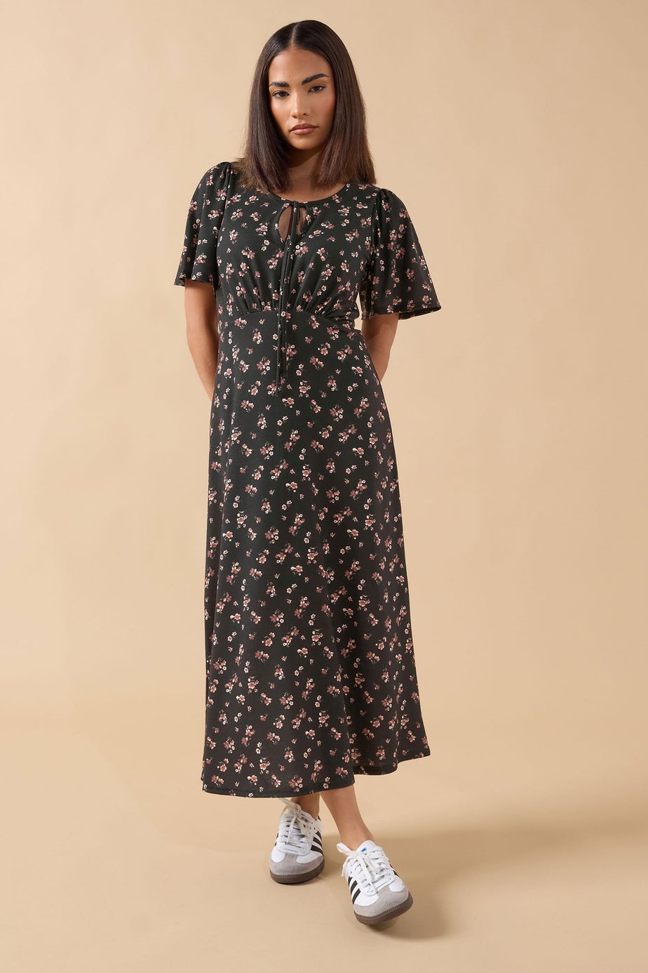 PixieGirl Petite Black Ditsy Floral Tie Front Midi Dress