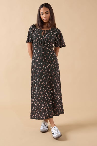 PixieGirl Petite Black Ditsy Floral Tie Front Midi Dress