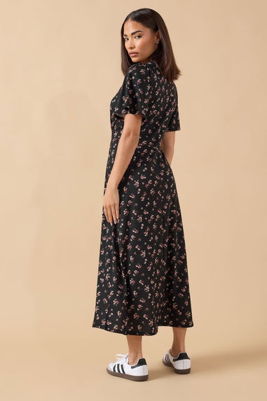 PixieGirl Petite Black Ditsy Floral Tie Front Midi Dress