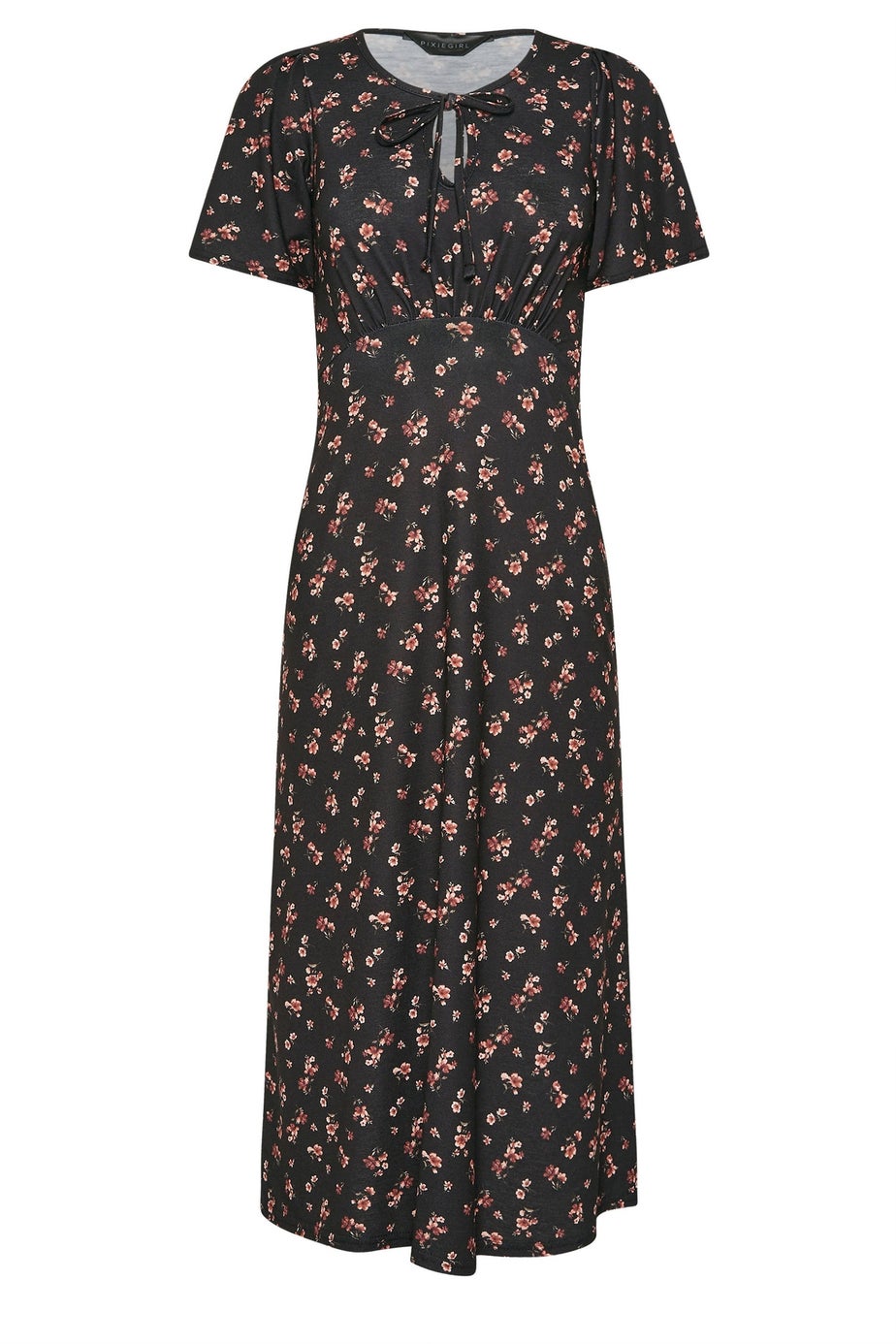 PixieGirl Petite Black Ditsy Floral Tie Front Midi Dress