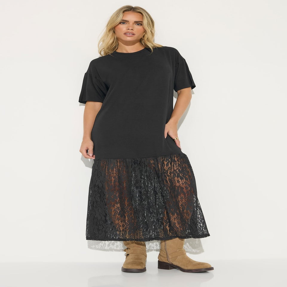 PixieGirl Petite Black Lace T-Shirt Maxi Dress