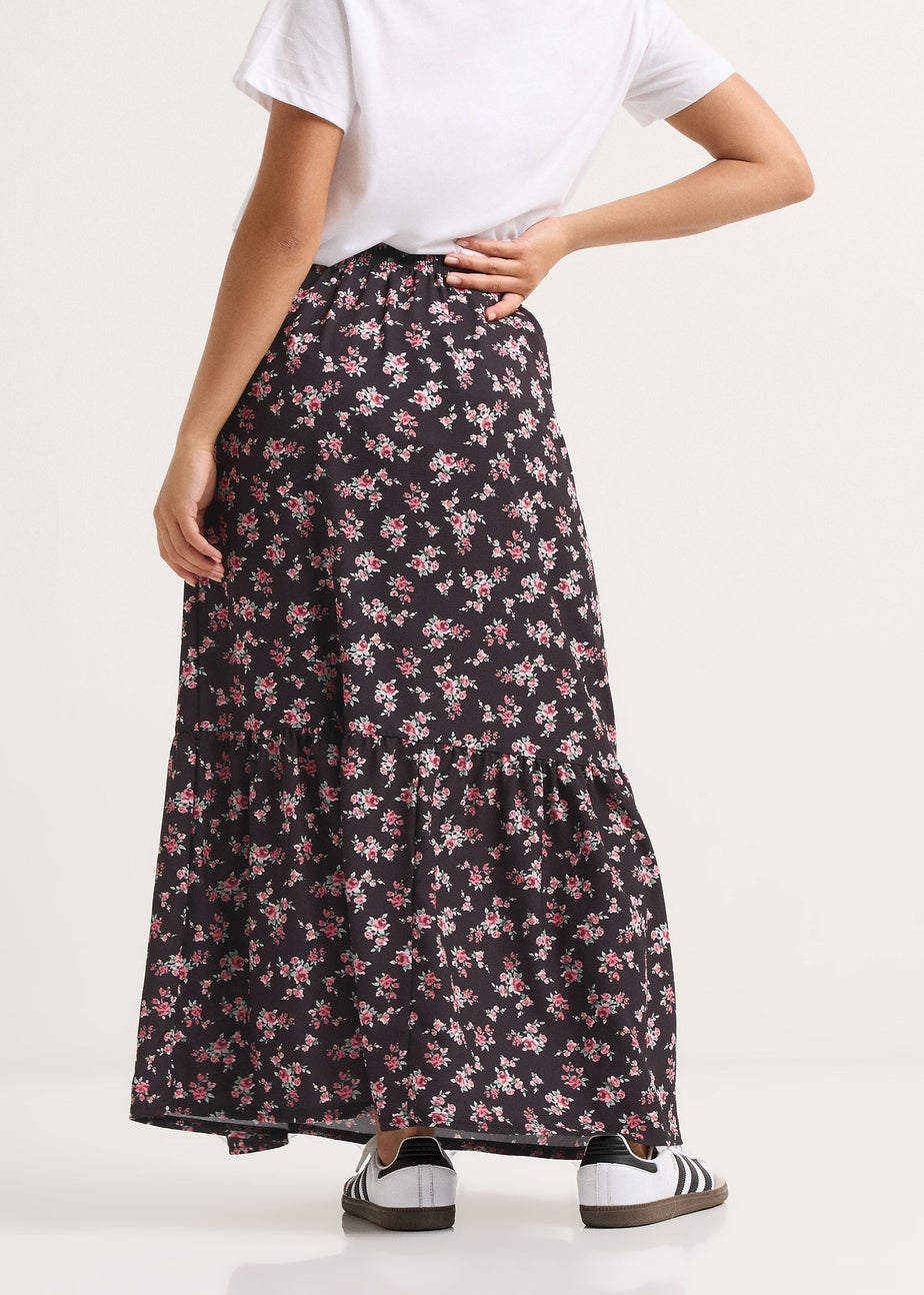 PixieGirl Petite Black Ditsy Floral Tiered Maxi Skirt