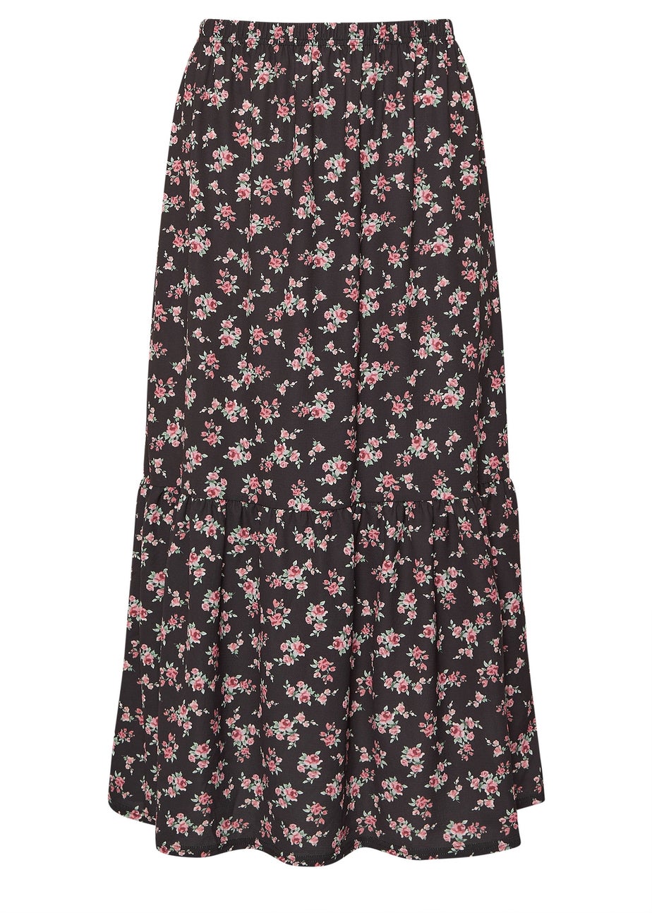 PixieGirl Petite Black Ditsy Floral Tiered Maxi Skirt