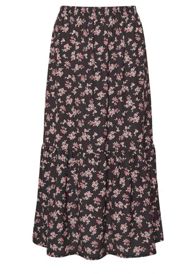 PixieGirl Petite Black Ditsy Floral Tiered Maxi Skirt