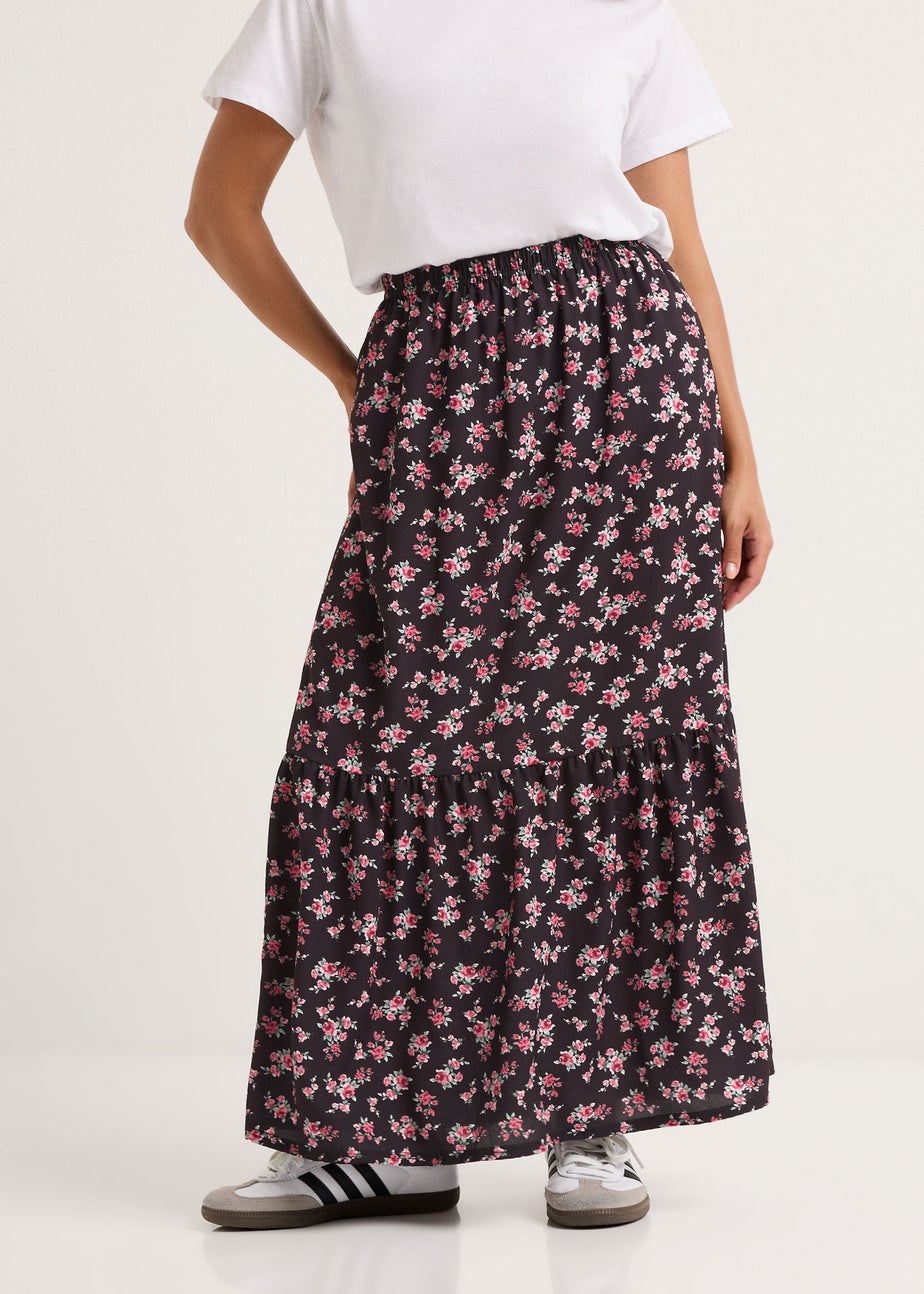 PixieGirl Petite Black Ditsy Floral Tiered Maxi Skirt