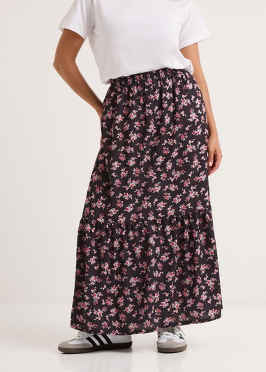 PixieGirl Petite Black Ditsy Floral Tiered Maxi Skirt