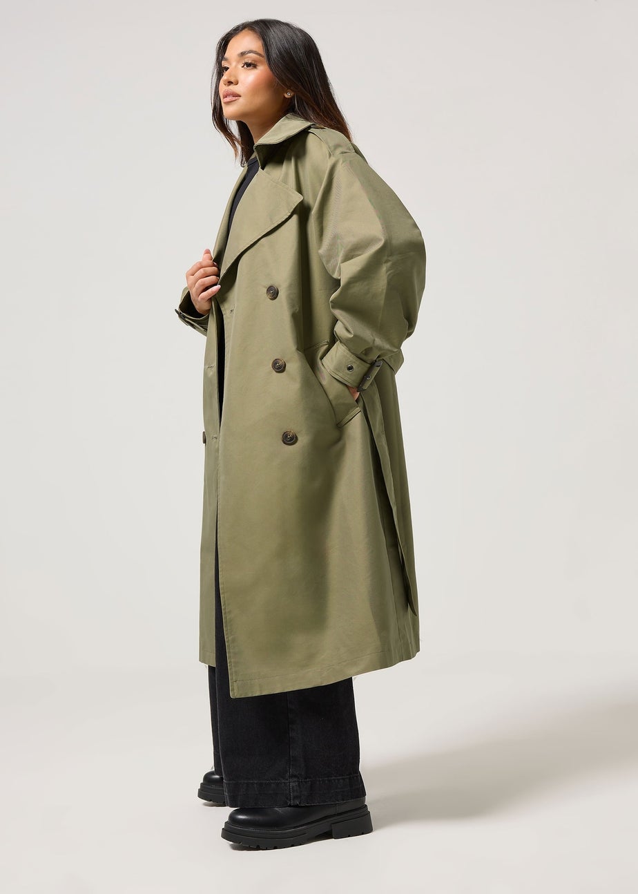 PixieGirl Petite Sage Green Balloon Sleeve Buckle Trench Coat