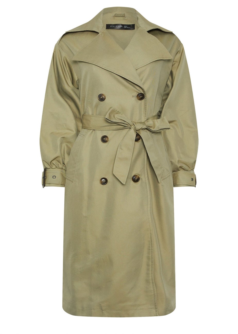PixieGirl Petite Sage Green Balloon Sleeve Buckle Trench Coat