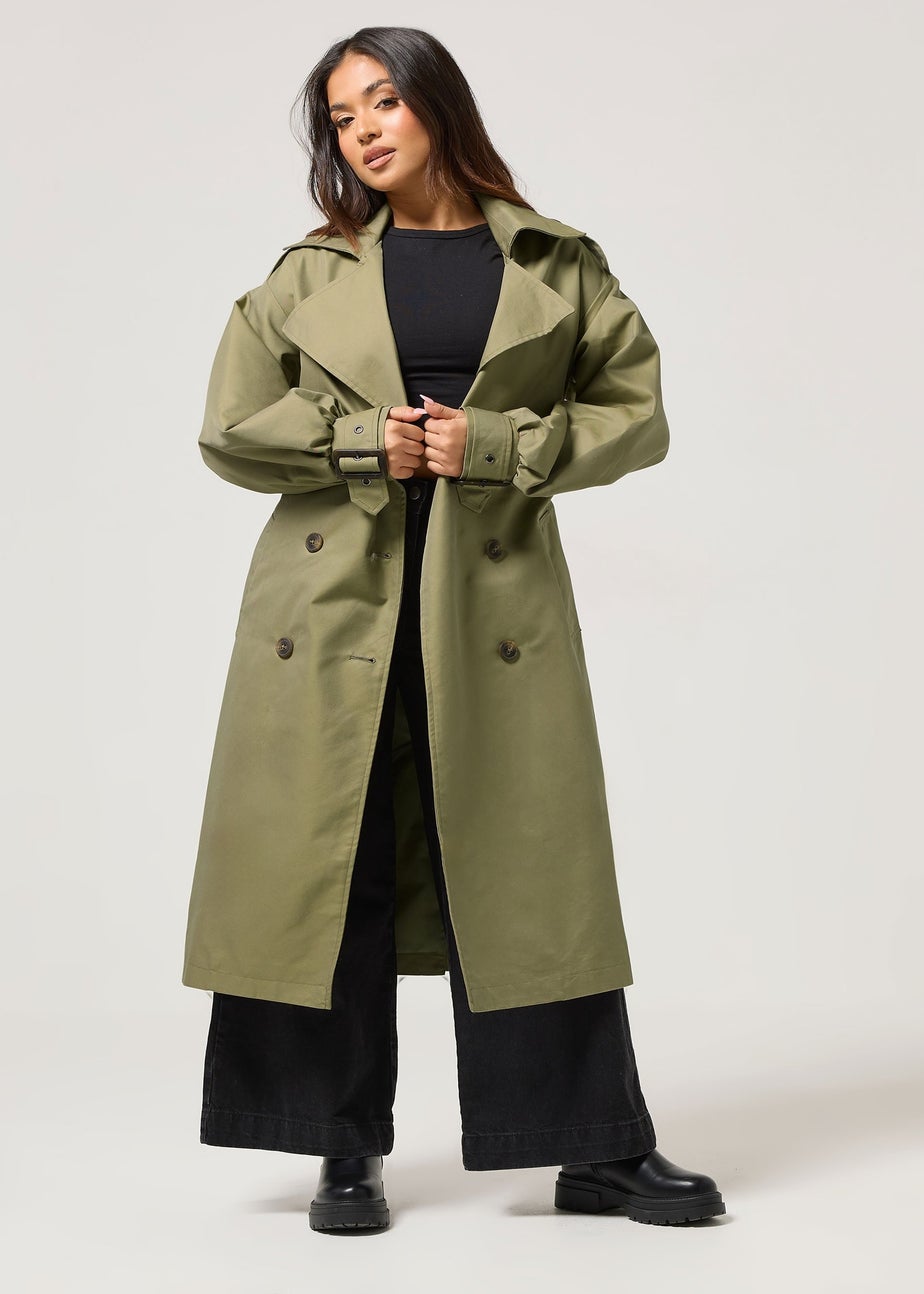 PixieGirl Petite Sage Green Balloon Sleeve Buckle Trench Coat