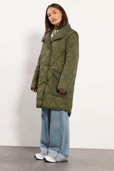 PixieGirl Petite Khaki Green Funnel Neck Quilted Coat