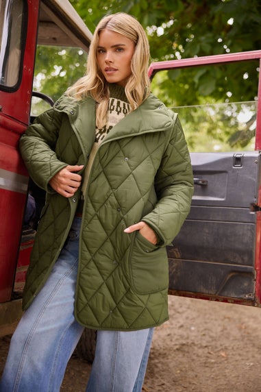 PixieGirl Petite Khaki Green Funnel Neck Quilted Coat