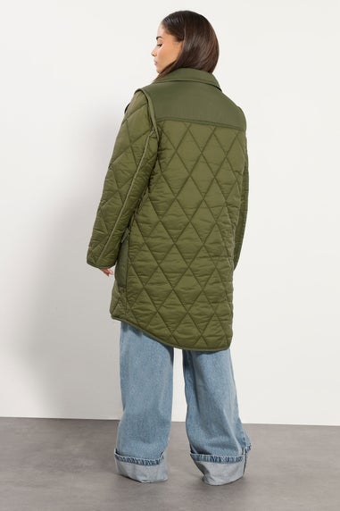 PixieGirl Petite Khaki Green Funnel Neck Quilted Coat