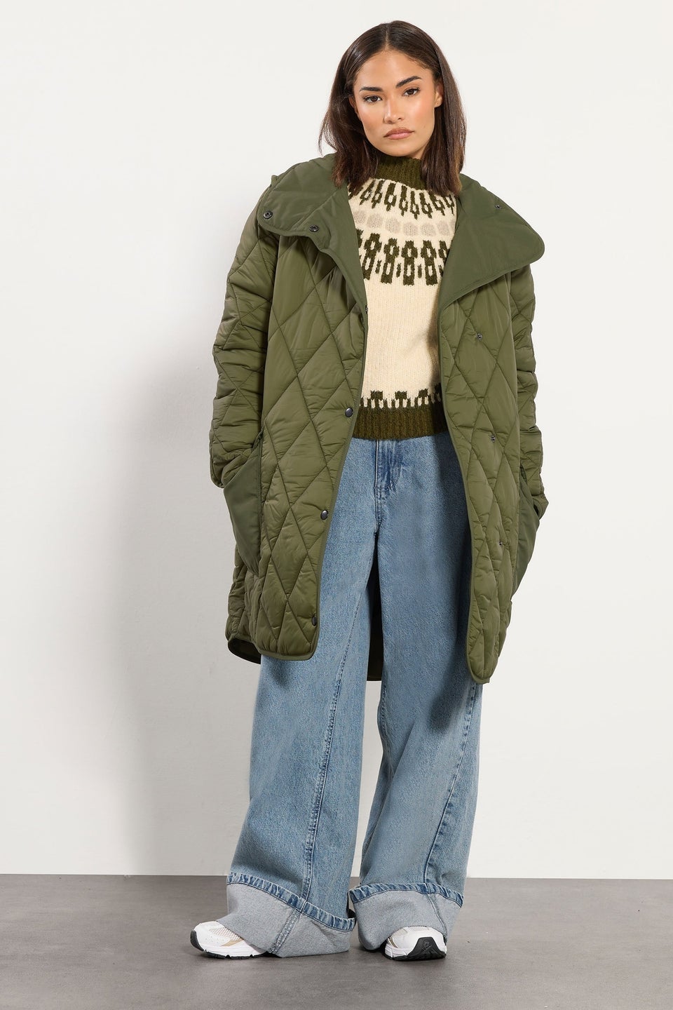 PixieGirl Petite Khaki Green Funnel Neck Quilted Coat