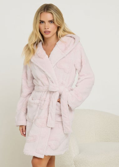 PixieGirl Petite Pink Heart Embossed Short Hooded Dressing Gown