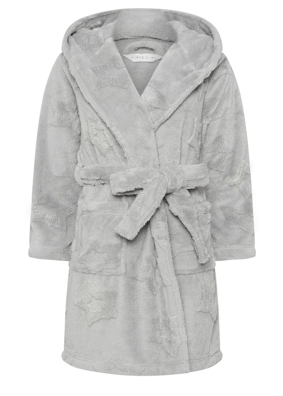 PixieGirl Petite Grey Star Embossed Short Hooded Dressing Gown