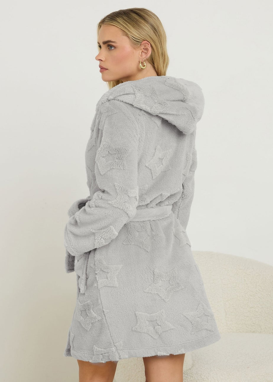 PixieGirl Petite Grey Star Embossed Short Hooded Dressing Gown