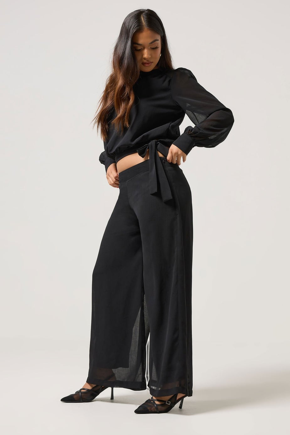 PixieGirl Petite Black Chiffon Palazzo Trousers