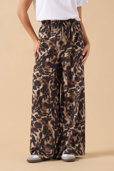 PixieGirl Petite Brown Leopard Print Crepe Wide Leg Trousers