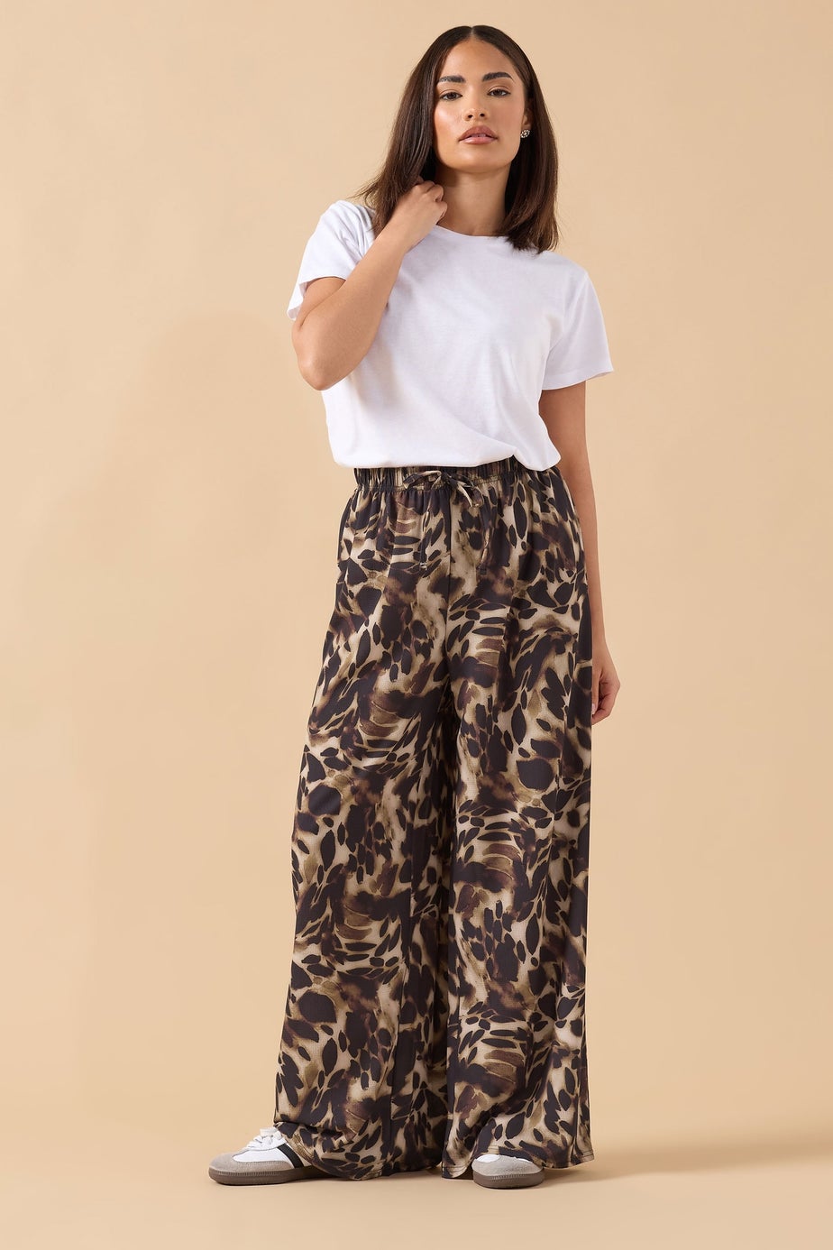 PixieGirl Petite Brown Leopard Print Crepe Wide Leg Trousers