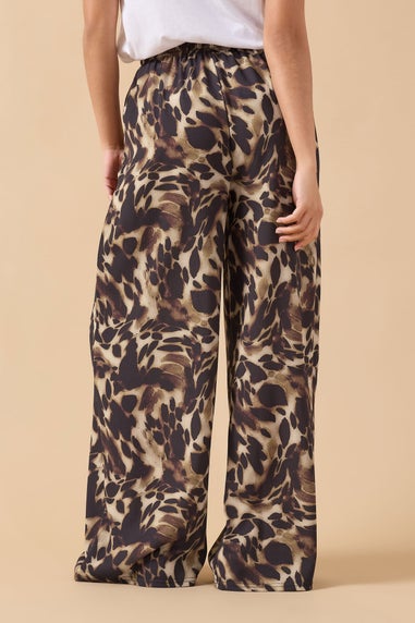 PixieGirl Petite Brown Leopard Print Crepe Wide Leg Trousers