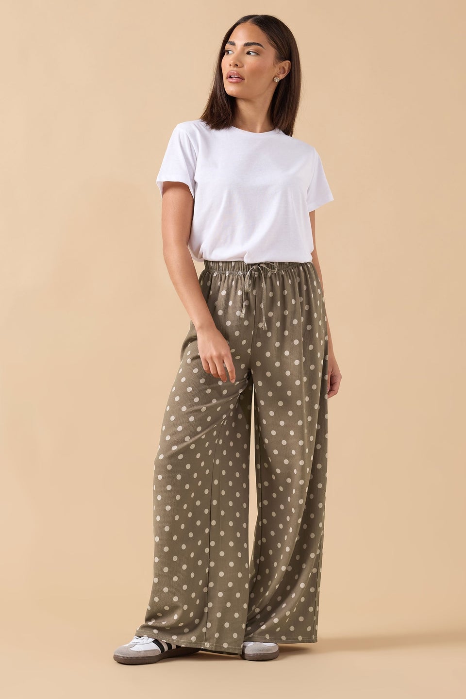 PixieGirl Petite Brown Spot Crepe Wide Leg Trousers